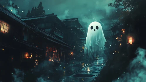 Cute ghost drifts through misty lantern-lit village street.