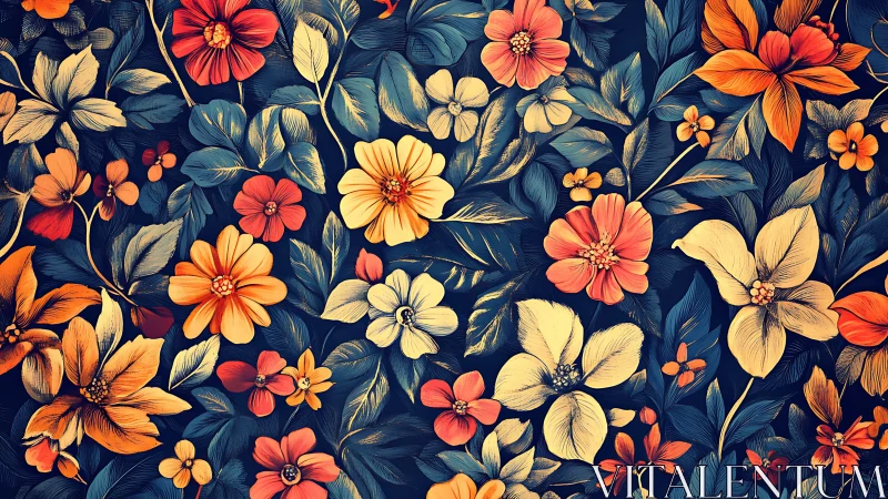 Vibrant Floral Pattern with Botanical Elements on Navy Blue.