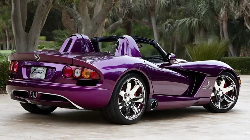 Deep violet roadster parked under lush tropical trees.