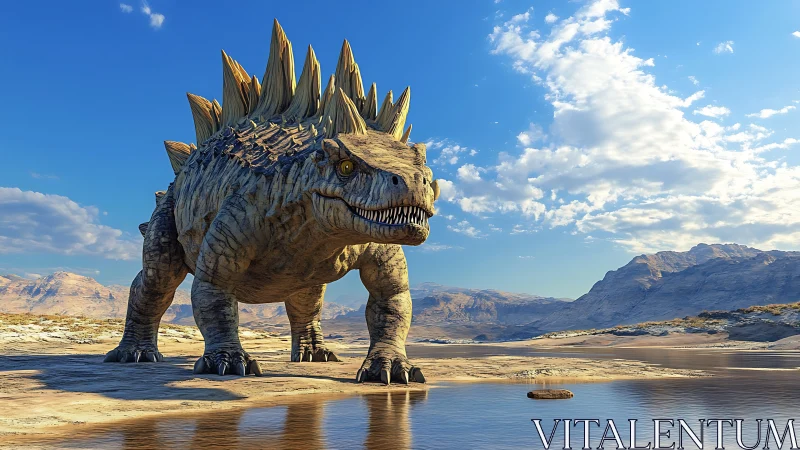 Armored dinosaur in dry lakebed under bright blue sky.