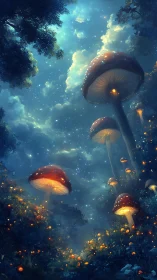 Giant luminous mushrooms in dense night forest under stars.