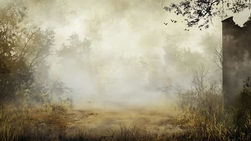 Foggy woodland path with distant birds and old structure.
