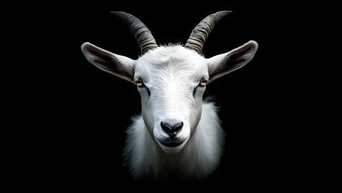 Gentle goat portrait glowing softly against deep black night.