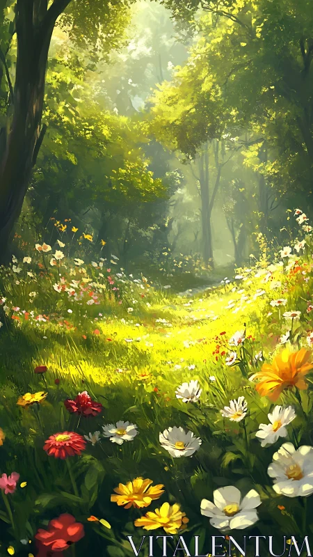 Sunlit Forest Meadow with Blooming Wildflowers.