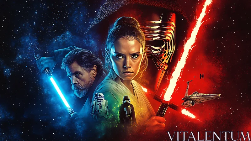 Bilateral sci fi character montage contrasts blue and red saber light