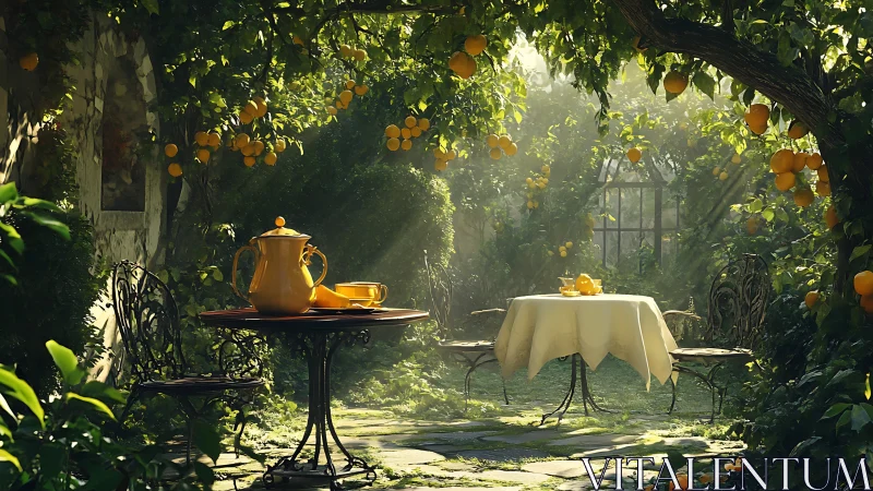 Sunlit lemon grove tea garden steeped in golden hush.