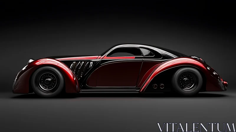 Streamlined retro-futurist coupé rendered in high-gloss 3D visualization