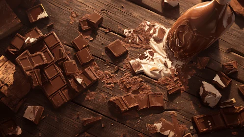 Chocolate blocks and spilled cream lie scattered on wood