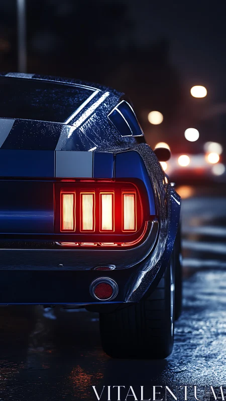 Classic blue muscle car rear view on wet city street.