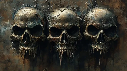 Weathered skull trio with dripped metal echoes of mystery.