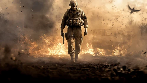 Lone soldier strides forward through firelit battlefield haze