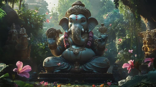 Ganesha sculpture seated in lush jungle temple setting.