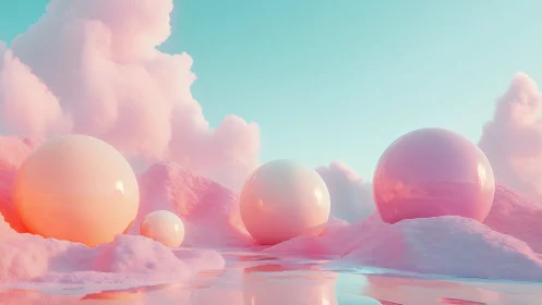 Glossy pastel spheres on pink clouds under clear sky.