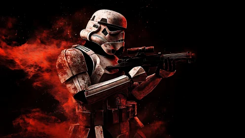 Stormtrooper holds rifle in red smoke against black void