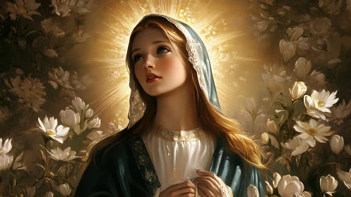 Sacred female portrait with radiant halo and white florals.