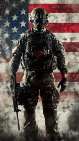 Armored modern soldier stands before distressed US flag backdrop
