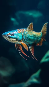 Iridescent arowana glides through deep blue aquarium water