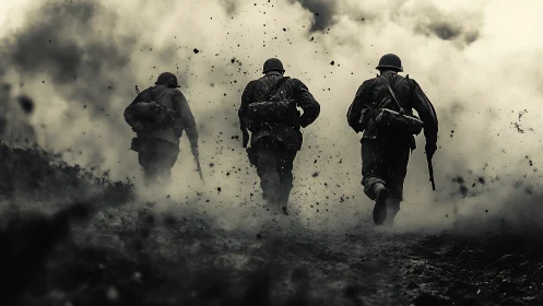 Soldiers charge through smoky battlefield in grim, tense silence