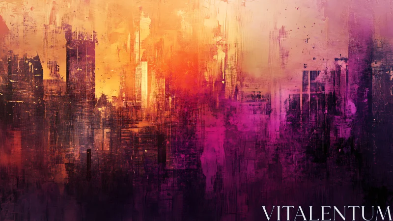 Abstract city skyline in warm orange and magenta tones.