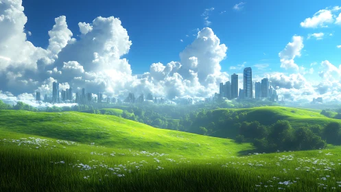 Futuristic glass city rises beyond sunlit green hills