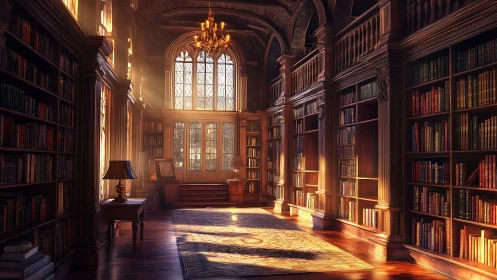 Sunlit grand library hall glows with warm timeless elegance.