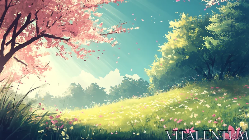 Sunlit blossom meadow where spring quietly sings aloud.