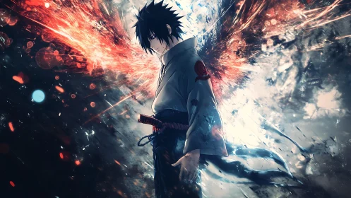 Storm-lit swordsman drifting through fire and shadow.