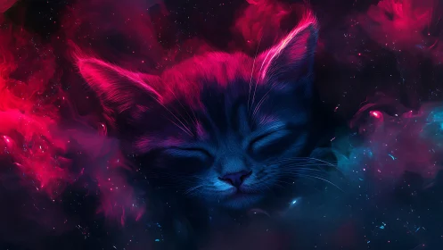 Neon Dreamcat: Cosmic Feline Erupts in Magenta and Azure Radiance.