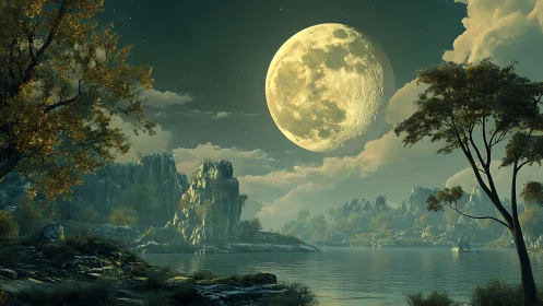 Moonrise Colossus Over Whisperlake Forest Dreamscape.