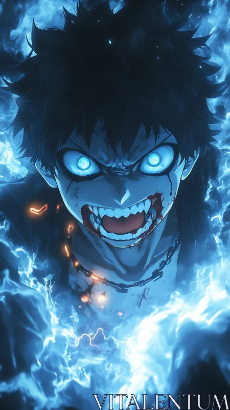 Electrified anime combatant unleashes blue plasma rage aura