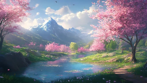 Springtime river under blossom trees and snowcapped peaks.