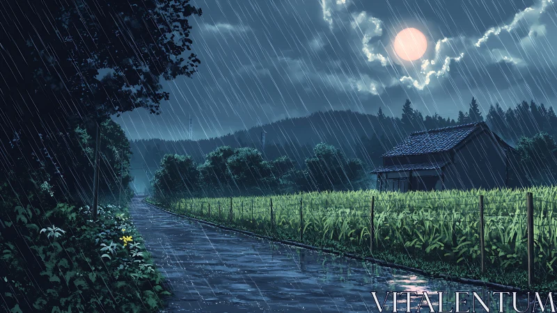 Moonlit rural road in heavy rain rendered as anime tableau