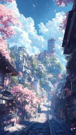 Sunlit cherry blossom street climbs toward a dreamy hill city