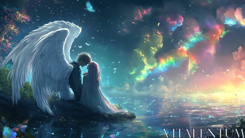 Winged figure and seated girl by illuminated lakeside sky.