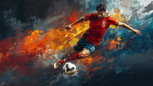 Dynamic soccer forward strikes through blazing color field.