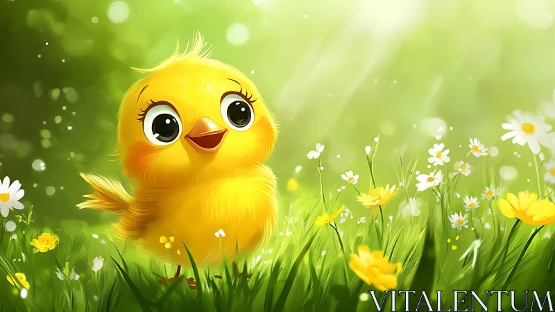 Cartoon yellow chick stands in bright green flower meadow