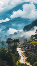 Mist-kissed mountain village and winding jungle road.