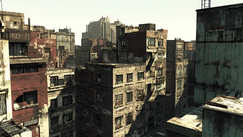 Sunlit decaying city blocks form dense urban canyon maze