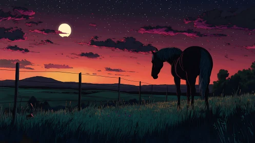 Horse silhouette along fence at dusk under moonlit sky.