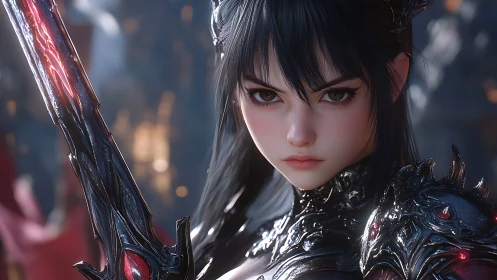 Dark armored anime warrior with glowing sword in focus.