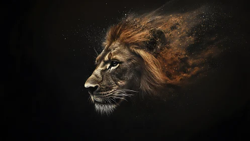 Lion profile dissolving into fiery cosmic dust trail.