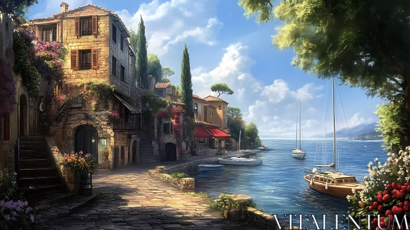 Mediterranean Coastal Village with Sailboats and Stone Architecture.