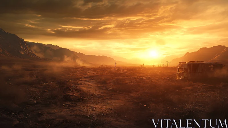 Desert sunset engulfs abandoned highway bus in dust.