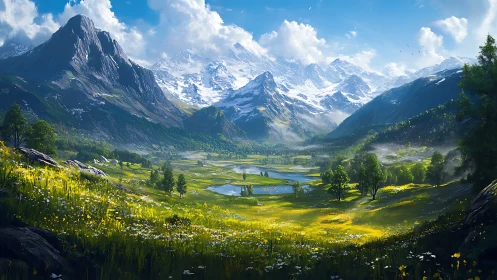 Mountain valley landscape with lakes under clear daylight.