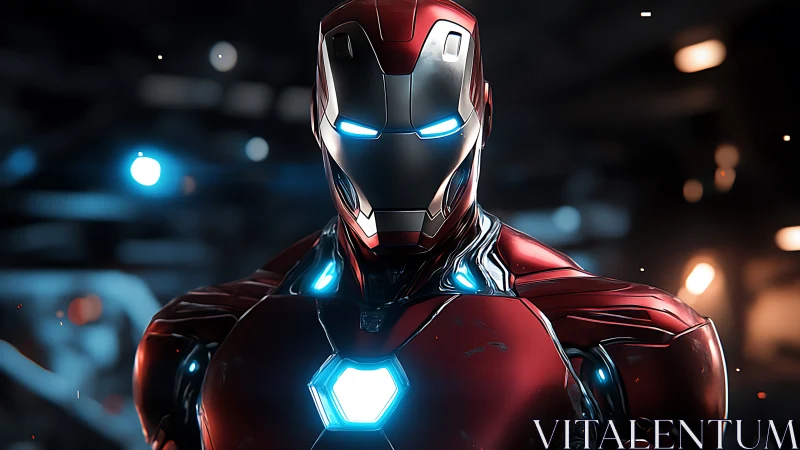 Shining red power suit poised in a futuristic glow-filled lair.