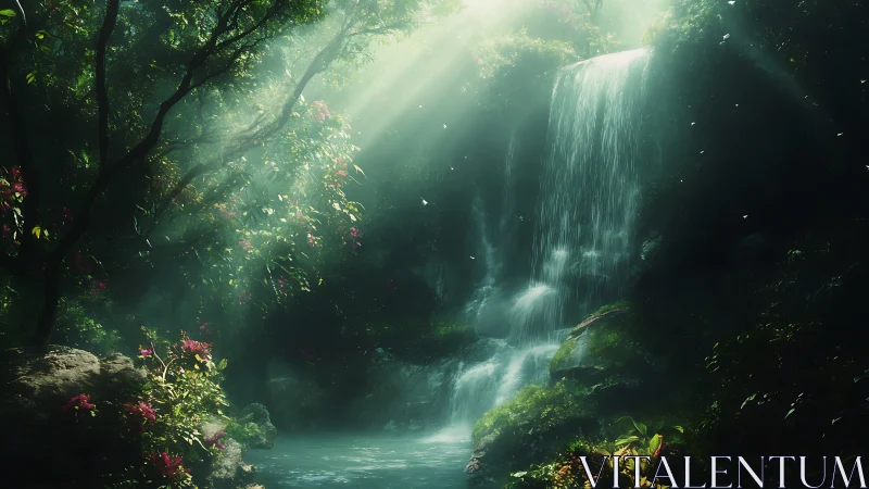 Lush forest waterfall under soft sunbeams in misty light.