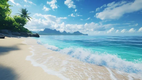 Tropical Beach with Mountain Islands and Clear Water