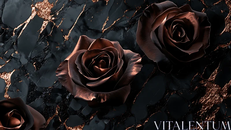 Copper black roses on obsidian marble gleam boldly.