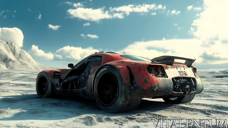 Futuristic red race car parked in desolate snowy landscape.