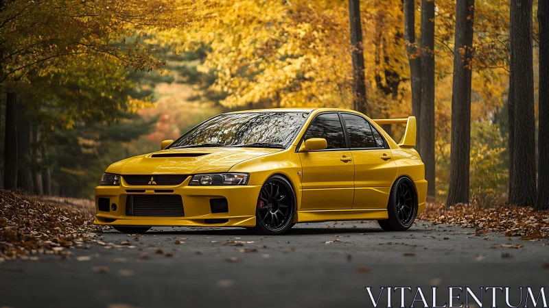 Golden sports sedan resting under glowing autumn trees.